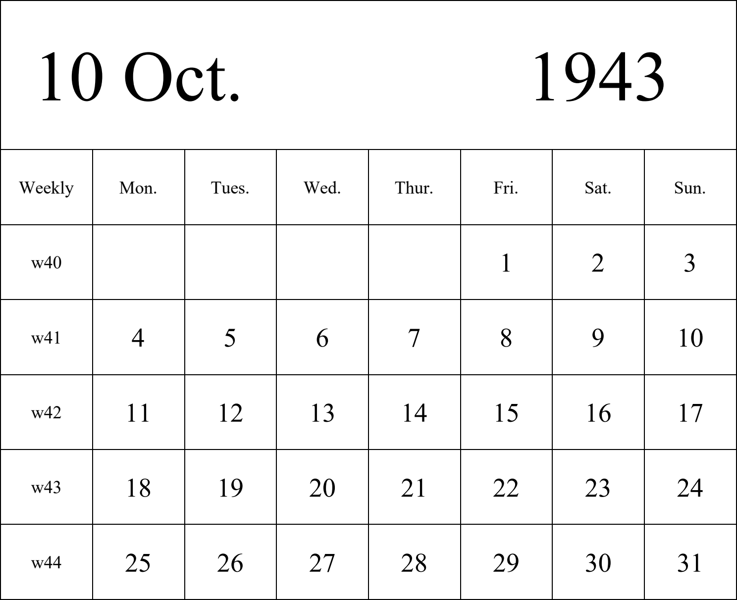 日历表1943年日历 英文版 纵向排版 周一开始 带周数 带节假日调休安排